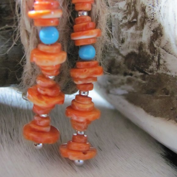 ZUNI HAND MADE SPINY  OYSTER & SLEEPING BEAUTY TURQUOISE EARRINGS - Picture 4 of 16